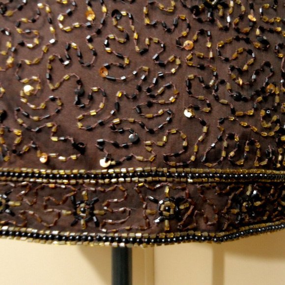Vintage STENAY 100% Silk ALL Beaded Formal Jacket S Brown Hook front Overcoat LS - Picture 12 of 13